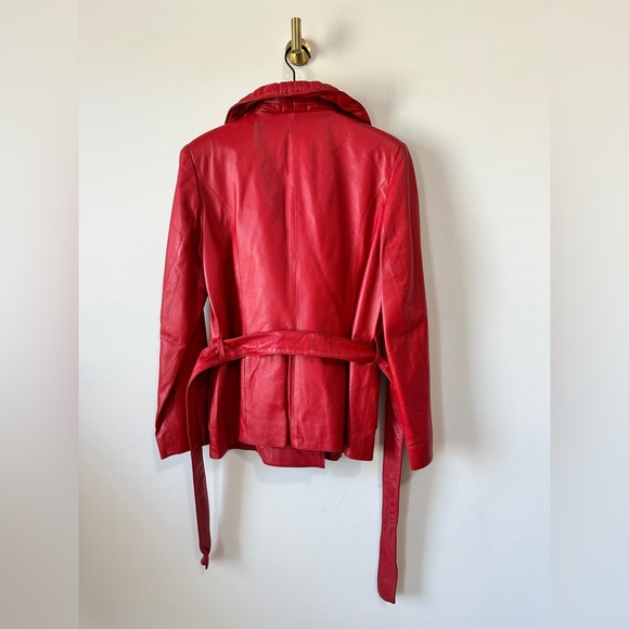 Vintage Red Genuine Leather Quilted Lapel Double Breasted Belted Waist Jacket 10 - Picture 11 of 11